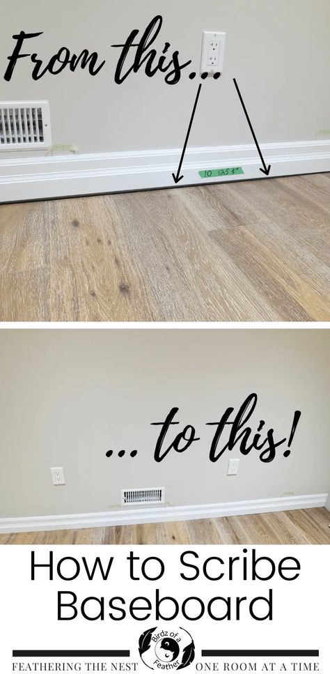 Trouble Shooting Baseboard Gaps: How to Scribe - Birdz of a Feather Diy Floor Molding, How To Fix Baseboard Gap, Redoing Baseboards, Floor Trim Ideas, Diy Baseboards, How To Install Baseboards, Baseboard Trim, Trim Ideas, Baseboard Molding