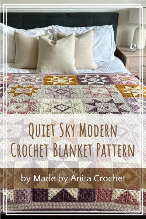 The Quiet Sky blanket is a gorgeous pattern made of 25 identical blocks in different color combinations. And, the whole blanket is crocheted, with no sewing required! The finished size is 140cm x 140cm or 55″ x 55″. Paid Pattern. Contemporary Crochet Blanket, Modern Crochet Blanket Michaels Stores, Modern Crochet Blanket Pattern, Mountain Crochet Blanket Patterns, Modern Crochet Blanket Lovecraftscrochet, Bernat Modern Motif Blanket, Sky Blanket, Modern Crochet Blanket, Modern Crochet