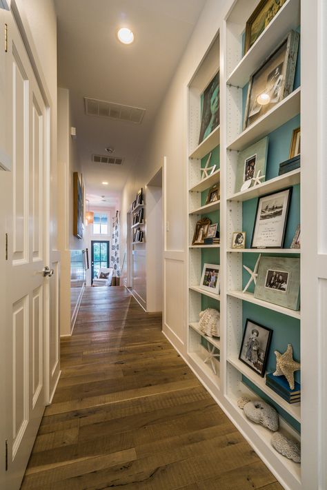 hallway with turquoise shelves | Van Wicklen Design Long Hallway Decorating Ideas, Narrow Entry Hallway, Decorating Long Hallway, 1930s Cottage, Narrow Shelf, Recessed Shelves, Hallway Walls, Narrow Hallway Ideas, Narrow Hallway Decorating