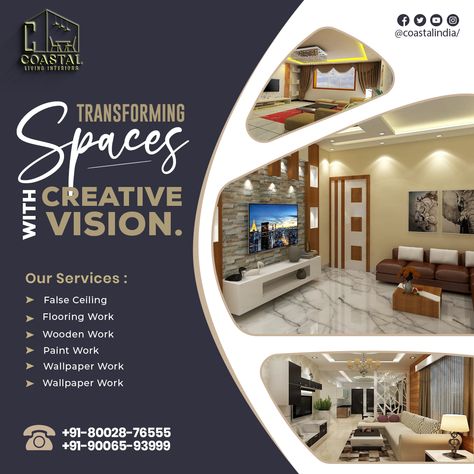 We are an interior design company dedicated to creating functional, stylish and timeless spaces. With a focus on attention to detail and client satisfaction, we strive to deliver exceptional interior design services tailored to meet the unique needs and preferences of each client. Get More Information Call Us:- +918002876555 +919006593999 Our Website Link www.coastallivinginteriors.co.in #interiordesign #design #interior #homedecorating Interior Design Banner Ideas, Interior Design Promotion Poster, Interior Design Services Flyer, Interior Design Ads Poster, Interior Advertising Design, Interior Design Poster Ideas, Interior Design Advertising Poster, Interior Creative Ads, Interior Design Creative Ads