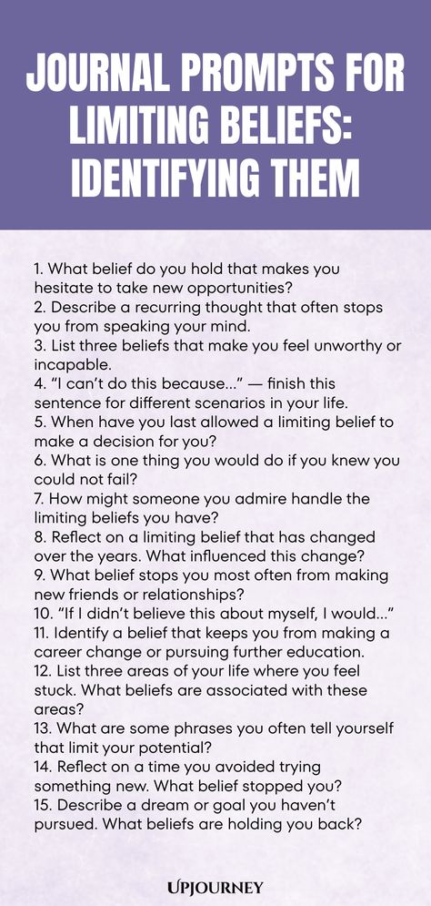 Explore powerful journal prompts designed to help you identify and overcome your limiting beliefs. Dive deep into self-discovery and unlock the barriers holding you back from reaching your full potential. Challenge your mindset with thought-provoking questions that will guide you towards a path of growth and self-awareness. Start transforming your thoughts today with these insightful journal prompts! Therapy Writing Prompts Journal Ideas, Self Awareness Prompts, How To Reach Your Full Potential, Journal Prompts To Figure Out What You Want, Scarcity Mindset Journal Prompts, Dream Self Journal Prompts, Limiting Beliefs Examples, Goal Setting Journal Prompts, Money Journal Prompts