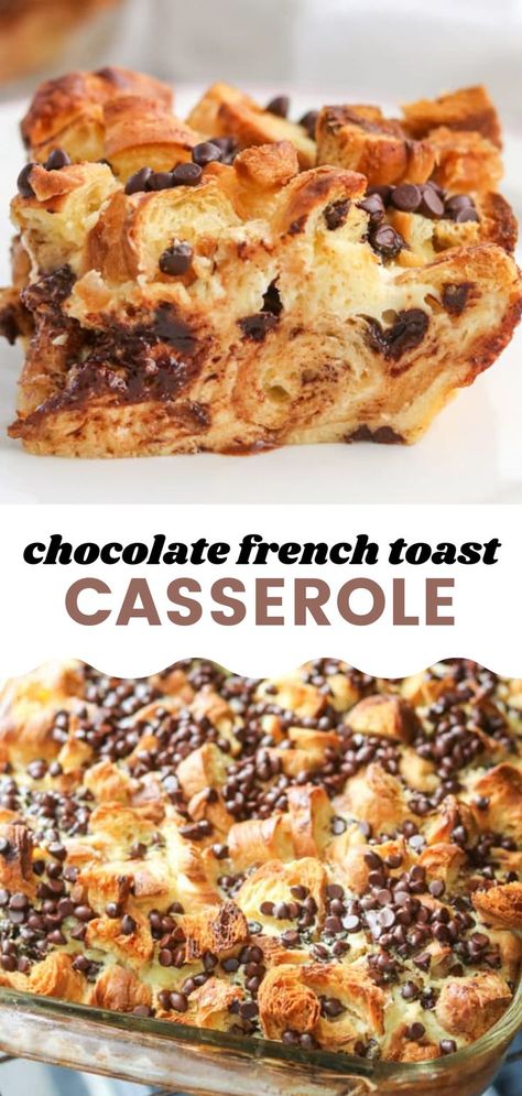 This Chocolate Croissant Baked French Toast is made of mini chocolate chips, flaky croissants, and cream cheese combined with a sweetened egg mixture. It’s the perfect morning treat for your chocolate lover. Serve it as an easy make ahead breakfast or as a chocolate croissant bread pudding for dessert. It’s another French toast casserole similar to this Baked Cinnamon French Toast that everyone loves! Chocolate French Toast Casserole, Chocolate Croissant Bread Pudding, Croissant Bread Pudding, Flaky Croissants, Cinnamon French Toast Bake, Chocolate French Toast, Croissant French Toast, Desserts With Chocolate Chips, Baked French Toast Casserole