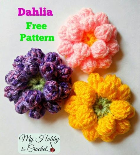 Crochet Dahlia, Appliques Au Crochet, Crochet Puff Flower, Crochet Embellishments, Crochet Flowers Easy, Fleurs Diy, Crochet Flowers Free Pattern, Yarn Flowers, Crocheted Flowers