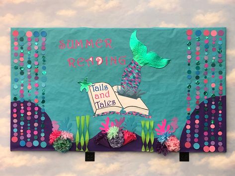 Teacher Appreciation Doors, Summer Bulletin Boards, School Library Displays, Ocean Theme Classroom, Library Bulletin Board, Mermaid Books, Reading Bulletin Boards, Library Bulletin Boards, Library Boards