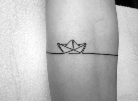 Simple Forearm Band Line Paper Boat Tattoo Designs For Men Boat Line Tattoo, Paper Boat Tattoo Design, Origami Boat Tattoo, Lifeboat Tattoo, Paper Ship Tattoo, Simple Boat Tattoo, Boat Tattoo Men, Serene Tattoo, Small Boat Tattoo