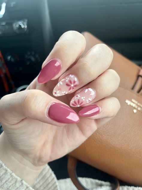 Almond Shape Nails Summer Colors, Pink Flower Acrylic Nails Almond, Nail Inspiration Almond Spring, Nail Inspo Almond Floral, Cute Simple Nail Ideas Almond Shape, Dark Pink Nails With Flowers, Short Almond Pink Nails Designs, Cute Spring Nails Almond Shape, Gel Nail Designs For Summer Almond Shape