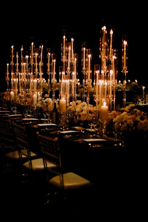 Wedding Reception Candle Decor, Evening Candle Lit Wedding, Candle Lit Wedding Reception Outdoor, Heavy Candles Wedding, Candlelit Reception Tables, Melted Candles Wedding, Candle Opera Centerpiece Wedding Ideas, Covered Candles Wedding, Dark Candle Lit Wedding