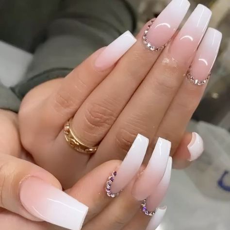 Pink And White Ombre Nail Designs With Rhinestones, Ombré Nail Designs, Ombre Nails With Jewels, Ombre Acrylic Nails With Rhinestones, Ombre Nail With Rhinestones, Ombré Nails With Rhinestones, White Nail Designs With Rhinestones, White Ombre Nails With Rhinestones, Ombré Nails With Gems