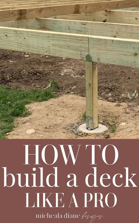 How to build a deck step-by-step guide. Sharing all our tips and tricks on how to build a deck like a pro on your own and save money! How to build a deck on a budget. What you need to know to build a raised deck. Deck design ideas. DIY Deck Ideas. Diy Deck Building, How To Build A Deck On A Budget, Deck Building Plans Design, Deck Diy Build, Diy Raised Deck Ideas On A Budget, Pallet Deck Railing Ideas, Budget Friendly Deck Ideas, Deck Layout Ideas Floor Plans, Build A Porch On A Budget