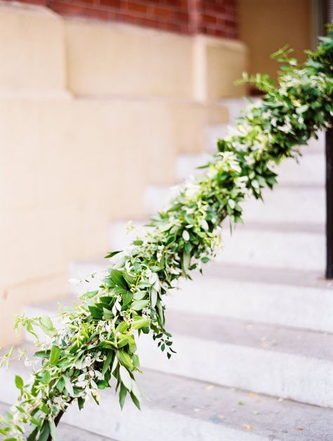 Greenery On Railing Wedding, Railing Decorations For Wedding, Railing Garland, Wedding Staircase Decoration, Garland Inspiration, Brunch Photography, Stair Garland, Banister Garland, Wedding Stairs