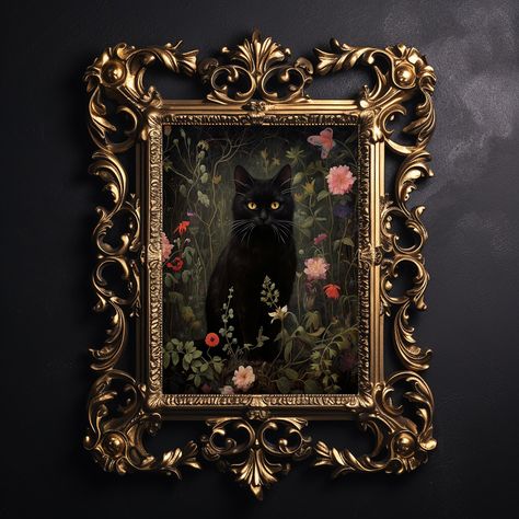 70s Goth Aesthetic Home, Art Covered Walls, Gold And Black Aesthetic Room, Gothic Noir Decor, Black Cat Room Decor, Black Vintage Decor, Witchy Entryway Decor, Dark Academia Mantle Decor, Black Gallery Wall Frames