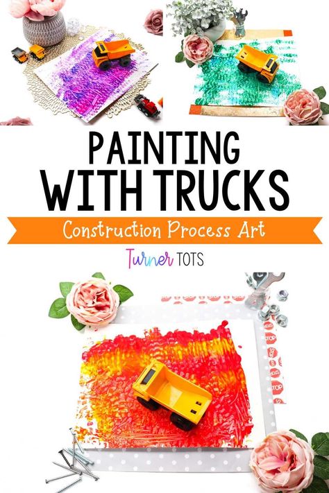 Let’s get to painting with construction vehicles! Yes, you read that right. Tire tracks make for a great construction process art activity for toddlers. Drop some paint on paper, then let the construction trucks drive over them over and over again! Your toddlers will beam with pride as they create a one-of-a-kind masterpiece. Construction Art Activities, Community Helper Process Art Preschool, Construction Worker Art Preschool, Preschool Construction Theme Art, Construction Worker Craft Preschool, Construction Ideas For Toddlers, Construction Creative Art Preschool, Build A Truck Preschool Activity, Community Helpers Preschool Activities