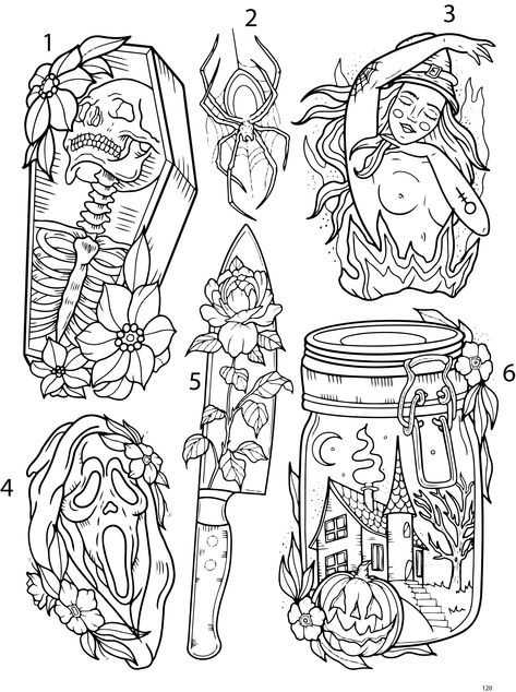 Female Filler Tattoos, Creepy Tattoos Stencil, Spooky Tattoo Flash Sheet, Cottage Core Back Tattoo, Horror Flash Tattoo Designs, Line Work Flash Tattoo, Halloween Tattoo Stencil Outline, Gothic Tattoo Flash Sheet, Tattoo Art Sketches