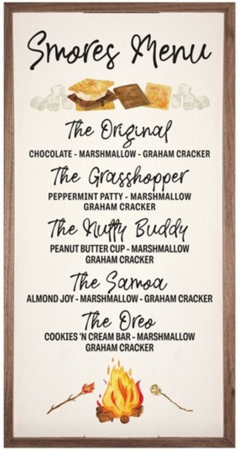 Smores Menu, Smores Bar Party, Campfire Snacks, Bonfire Birthday, Smores Party, Smore Recipes, Bonfire Party, Menu Sign, S'mores Bar