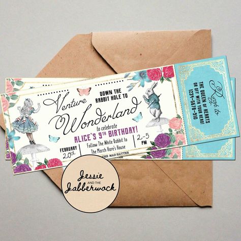 Alice In Wonderland Tickets, Rabbit Hole Alice In Wonderland, Tea Party Invite, Garden Gala, Alice In Wonderland Invitations, 2025 Ideas, Wonderland Invitation, Party Tickets, Magical Adventure