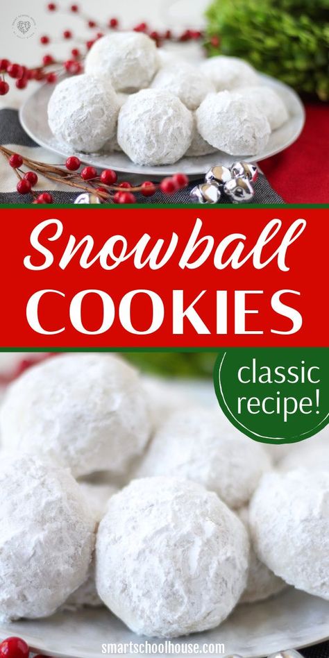 Snowball cookies are Smart School House's favorite of all Christmas cookies. If you like delicious baked holiday treats, you should try these SNOWBALL COOKIES surrounded by soft and snowy powdered sugar! This recipe is easy to make and only uses a few ingredients. Try making these buttery, nutty cookies for your cookie exchange or next get-together. These little snowball cookies will be gone in just a few minutes. Christmas Snowball Cookies, Christmas Snowball, Cookies For Christmas, Smart School House, Russian Tea Cake, Mexican Wedding Cookies, Smart School, Snowball Cookies, Holiday Plates