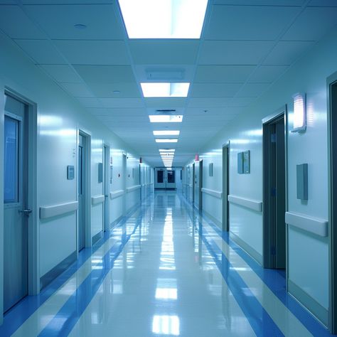 Sterile Hospital Hallway: A well-lit, empty hospital corridor lined with closed doors under a soft blue fluorescent glow. #healthcare #corridor #clinical #lighting #neon #generativeart #digitalphoto #stockphotography ⬇️ Download and 📝 Prompt 👉 https://stockcake.com/i/sterile-hospital-hallway_899738_762859 Hospital Background, Hospital Lighting, Hospital Core, Dark Hospital Aethstetic, Blue Hospital Aesthetic, Hospital Hallway Aesthetic, Blue Hospital, Healthcare Background, Hospital Aesthetic