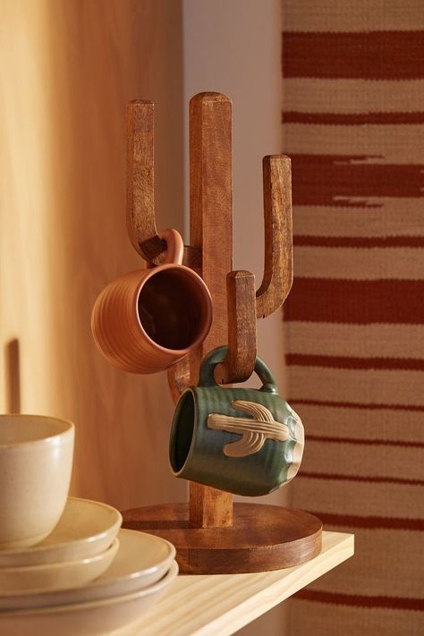 Kitchen Countertop Organization Ideas, Cactus Mug, Kitchen Countertop Organization, Wood Mug, Western Kitchen, Rustic Mugs, Coffee Cup Holder, Wooden Cup, Countertop Organization