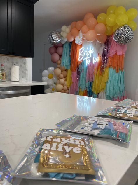 Bachelorette Party Ideas Dazed And Engaged, Groovy Bachelorette Party Decor, Bachelorette Dazed And Engaged, 80s Theme Bachelorette Party, 60s Bachelorette Party, Dazed And Engaged Bachelorette Outfit, Retro Bachelorette Party Decor, 70s Theme Bachelorette Party, Electric Love Bachelorette