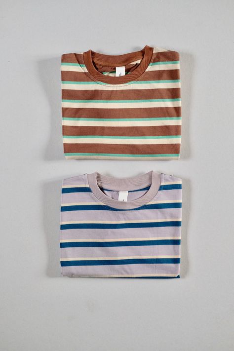 Oversized Tee in Brown and Mauve Retro Stripe made from organic cotton by the brand Summer and Storm, curated by Morsel Store located in Mallorca Stripe Tee, Retro Three Stripes T-shirt For Streetwear, Relaxed Fit Three Stripes T-shirt For Streetwear, Toad And Co, Retro Crew Neck T-shirt With Contrast Stripes, Vintage Striped Cotton T-shirt, Retro Striped Short Sleeve T-shirt, Retro Stripes, Stylish Dresses For Girls