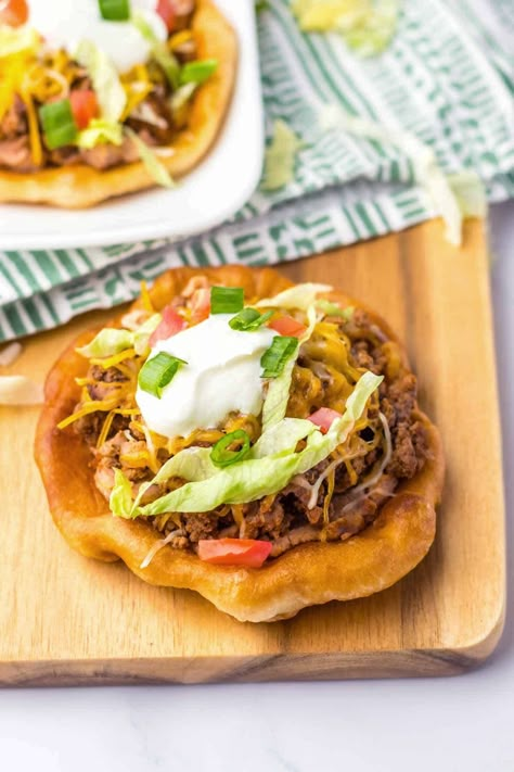 Fried Tacos Recipe Ground Beef, Pan Fried Tacos Ground Beef, Leftover Taco Meat And Refried Beans, Taco Pizza With Refried Beans, Navajo Fry Bread Tacos, Fry Bread Tacos, Homemade Fries, Taco Fillings, Taco Night