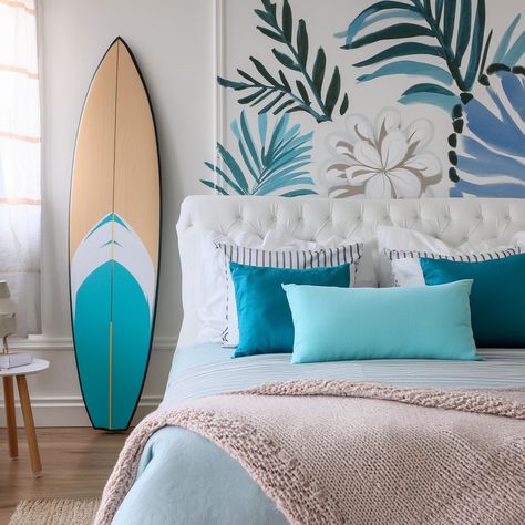 Surf Themed Bedroom Ideas to Inspire Your Teen's Room. Click here for detail: https://www.inspirethemood.com/surf-themed-bedroom-ideas-to-inspire-your-teens-room Unique Guest Bedroom Ideas, Coastal Teenage Girl Bedroom, Slay Bedroom, Preppy Blue Aesthetic, Ocean Bedroom Ideas, Elsa Bedroom, Ocean Inspired Bedroom, Cool Bedrooms, Bedroom Ideas Beach