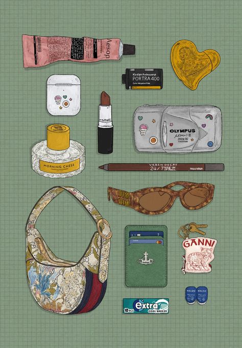 Bag Illustration, In My Bag, What In My Bag, January 23, My Bag, Scrapbook Journal, الرسومات اللطيفة, Urban Decay, Aesthetic Art