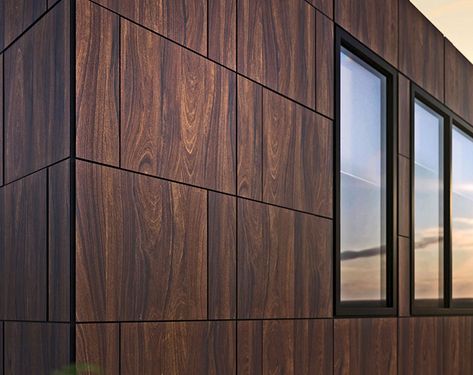 DIZAL Faux Wood Aluminum Siding | Modern Materials Metal Accents On Exterior, Wood Look Siding Accent Exterior, Faux Wood Vinyl Siding, Vesta Steel Siding, Faux Wood Exterior Siding, Faux Cedar Siding, Metal Siding That Looks Like Wood, Aluminum Siding Makeover, Wood Look Siding Exterior