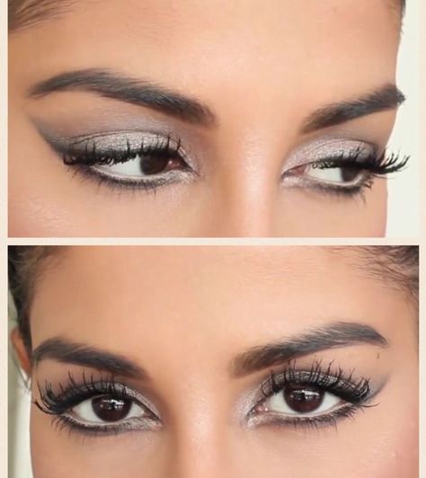 Grey Cat Eye Makeup, White And Grey Eyeshadow, Silver Eyeshadow Brown Eyes, Gray Eyeshadow Looks, Grey Eyeshadow Looks, Quinceanera Inspiration, Silver Eyeshadow Looks, Farah Dhukai, Eyeshadow Brown