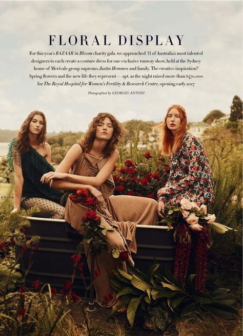 Logan Crosby, Tiggy Ridgway, Elodie Russell, Stephanie Joy Field, Montana Cox and Emma MacGowan photographed by Georges Antoni for Harper's Bazaar Australia, December 2016. David Lee, High Fashion Photography, Oil Portrait, Fashion Photography Inspiration, Heritage Fashion, Floral Display, Harper's Bazaar, Harpers Bazaar, Fashion Editorial