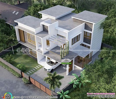 Drone view of a flat roof contemporary house in Kerala | Kerala home design | Bloglovin’ Flat Roof House Designs, Flat Roof Design, Kerala Home Design, Small House Design Architecture, Building Front Designs, Single Floor House Design, Kerala Home, Flat Roof House, Modern House Floor Plans