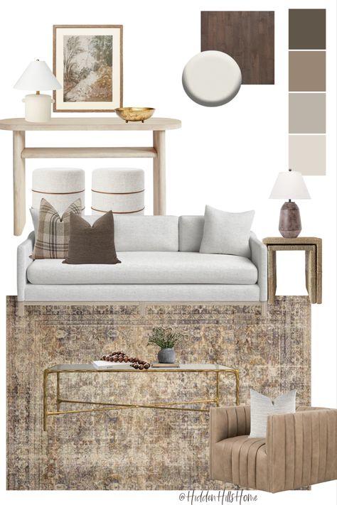 Living room decor mood board with a modern Transitional style! This design has a cream sofa paired with a brown leather swivel chair! The antique brass and glass coffee table adds character! I love the brown earthy tones in the area rug! Cream Sofa Leather Accent Chairs, Brown Leather Sofa Mood Board, Tan Leather And Fabric Sofa, Modern Transitional Living Room, Brown Swivel Accent Chairs, Brown Leatber Accent Chairs, Moody Living Room, Leather Swivel Chair, Modern Transitional