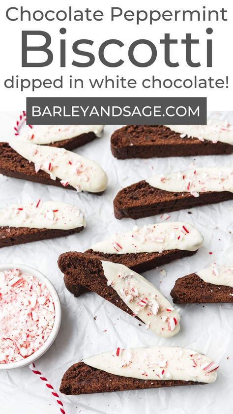 These dark chocolate peppermint biscotti are dipped in white chocolate and topped with crushed candy canes for a fun, holiday breakfast cookie! Pair with your favorite latte for a Christmas morning treat for the whole family! Peppermint Biscotti, Breakfast Cookie, Christmas Baking Cookies, Mocha Cookies, Almond Biscotti, Biscotti Recipe, Holiday Breakfast, Peppermint Mocha, Chocolate Pies