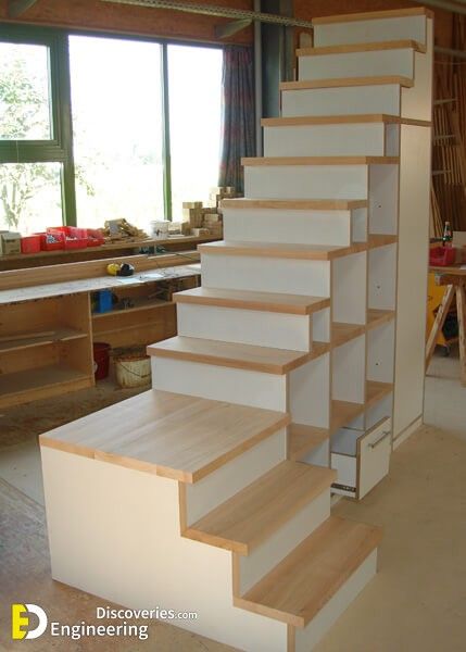 Clever Ideas for Understairs Storage - Engineering Discoveries Loft Stairs Ideas, Cabin Stairs, Under Stairs Storage Solutions, Under Stairs Storage, Under Stair, Stairs Storage, Tiny House Stairs, Loft Stairs, Hidden Potential