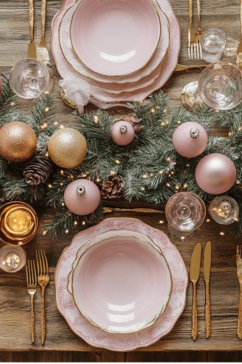 Set a stunning holiday table with pink as your inspiration! Find tips on choosing the right linens, dinnerware, and centerpieces to create a cohesive and beautiful pink Christmas tablescape. Some of the links in my articles are affiliate links. If you make a qualified purchase from one of my links I will make a small commission at no cost to you. Thank you for your support!!! Pink Winter Wonderland Table Setting, Pink And Gold Christmas Table Decor, Pink Table Setting Ideas, Pink And Green Christmas Table, Pink Christmas Kitchen, Pink Christmas Tablescapes, Pink Christmas Table Decor, Pink And Gold Christmas Decor, Pink Christmas Table Setting