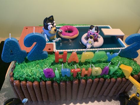 Bluey swimming pool cake Made by Penelope Ellen Bluey Pool Cake, Bluey Cake Ideas Sheet Cake, Bluey Cake Pool, Bluey Cake Swimming Pool, Duck Cake From Bluey Cake, Bluey Cake Sprinkles, Bluey Birthday Cake Square, Swimming Pool Cake, Pool Cake