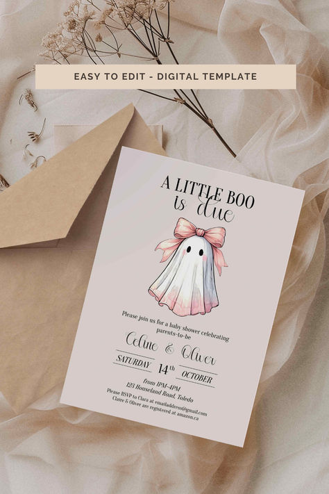 Baby shower invitation featuring ghost and pink bow in a modern elegant style, perfect for autumn/fall and halloween for a girl's baby shower Coquette Autumn, Baby Diaper Raffle, Fall Coquette, Bow Baby Shower, Ghost Girl, Fall And Halloween, Halloween Books, Invite Friends, Diaper Raffle