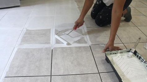 The Secret is Out! How to Stencil a Tile Floor in 10 Steps - Painting Over Kitchen Floor Tiles or Bathroom Floor Tiles with Royal Design Studio Floor Stencils Stenciled Tile Floor, Bathroom Floors Diy, Painting Tile Floors, Modern Flooring, Painted Floor, Tile Stencil, Stenciled Floor, Ceramic Floor Tiles, Cement Floor