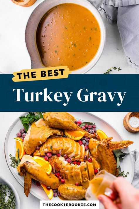 Turkey gravy is a must for any holiday dinner. Making gravy from turkey drippings is so easy, and it makes the juiciest, most flavorful addition to the meal. Pour it over your turkey, potatoes, and everything else on your plate! Pop over to my site for the recipe! | sauces | thanksgiving recipes | christmas recipes | Gravy From Turkey Drippings, Easy Turkey Gravy Recipe, The Best Turkey Gravy, Turkey Gravy Without Drippings, Easy Turkey Gravy, Turkey Gravy Recipe Easy, Best Turkey Gravy, Turkey Gravy Easy, Turkey Gravy From Drippings