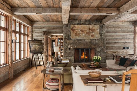 A Snowy Cabin in the Woods - Mountain Living Cottage Homes In The Woods, Homes In The Woods, Snowy Cabin In The Woods, Cozy Cabin In The Woods, Snowy Cabin, Timber Frame Barn, Hand Hewn Beams, Central Building, Sky Home