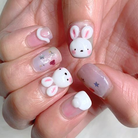 Gel manicure, Korean style, bunny nails, pink nails, watercolour , cute nails ,pretty nails , manicure, korean 3d Bunny Nails, Soft Blue Nails, Mani Pedi Ideas, Pedi Ideas, Bunny Nails, Gel Manicures, Bunny Designs, T Love, Gel Manicure