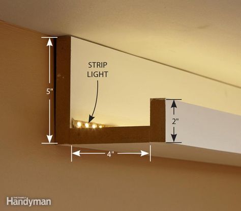 How to Install Elegant Cove Lighting | The Family Handyman                                                                                                                                                      More Blitz Design, Green Hallway, Diy Lampe, Basement Ceiling, Cove Lighting, Small Hallway, Indirect Lighting, Lighting Design Interior, Hallway Ideas Entrance Narrow