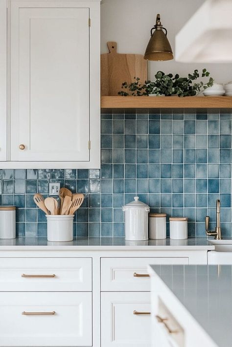 blue tiles backsplash farmhouse kitchen Kitchen Ideas Blue Walls, Kitchen Tiles With White Cabinets, Blue Zellige Tile Kitchen, Light Blue Kitchen Tiles, Navy Blue Kitchen Backsplash, Farmhouse Kitchen Blue Backsplash, White Kitchen Blue Tiles, Blue Tiled Kitchen, Blue White Kitchen Ideas