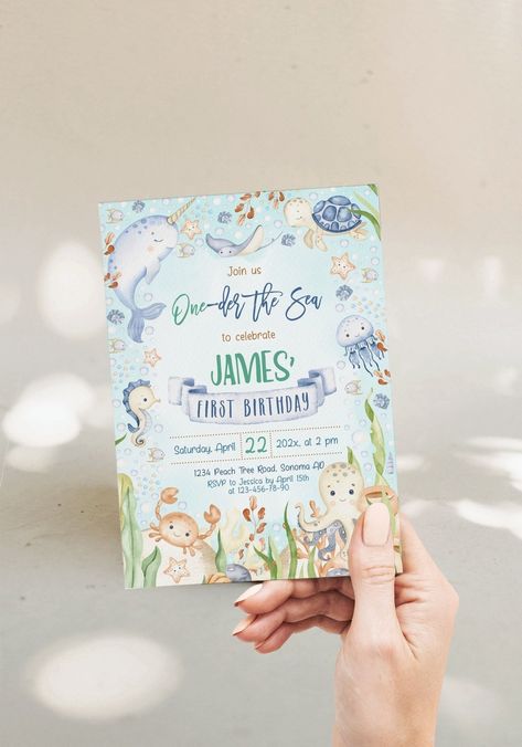 Party Time: Kid's Birthday Invitation Ocean First Birthday Party, Under The Sea First Birthday Boy, Under The Sea First Birthday, Oneder The Sea, Animals Party, Party Template, Sea Birthday, Birthday Invitations Kids, First Birthday Invitations