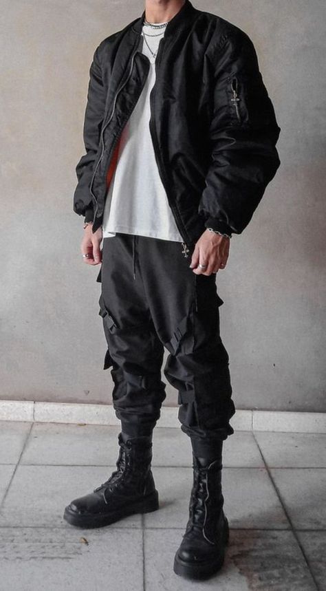 Streetwear Combat Boots, Men’s Cyberpunk Outfit, Black Boots Men Outfit Aesthetic, Militarycore Outfits Men, Men’s Combat Boots Outfit, Simple Techwear Outfit Men, Black Boot Outfits Men, Vigilante Aesthetic Outfit Male, Men Combat Boots Outfit