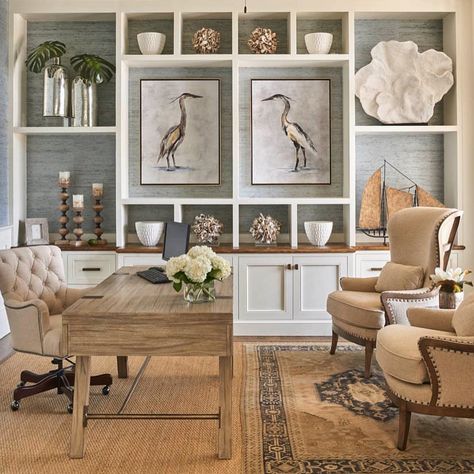 When your clients don't like books in bookcases you fill them with art and special curated collections. Today's design share from… Minimalist Decorating, Coastal Decorating Living Room, Cute Dorm Rooms, Coastal Living Rooms, Beach House Interior, Coastal Living Room, Design Office, Transitional Decor, A Living Room