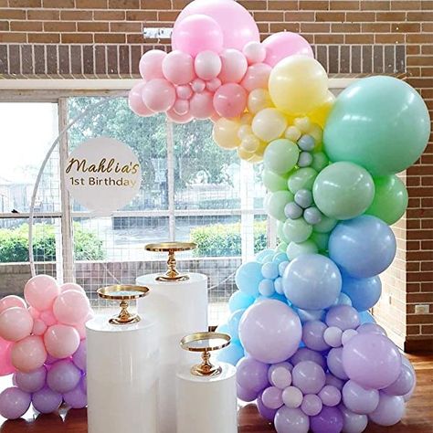 Candy Balloons Decorations, Pastel Rainbow Garland, Macaron Balloon Decoration, Pastel Colour Balloon Decor, Pastel Rainbow Balloon Decorations, Balloon Arch Pastel Colors, Balloon Garland Rainbow, Rainbow Balloon Decorations For Birthday, Pastel Color Balloon Garland