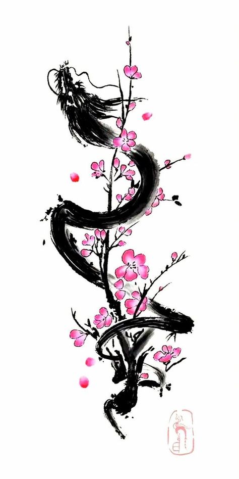 Tattoos That Wrap Around, Japanese Dragon Cherry Blossom Tattoo, Japan Dragon Tattoo, Sakura Dragon, Cherry Blossom Dragon, Dragon Tattoo Back, Asian Dragon Tattoo, Dragon Tattoo Sketch, Dragon Tattoos For Men