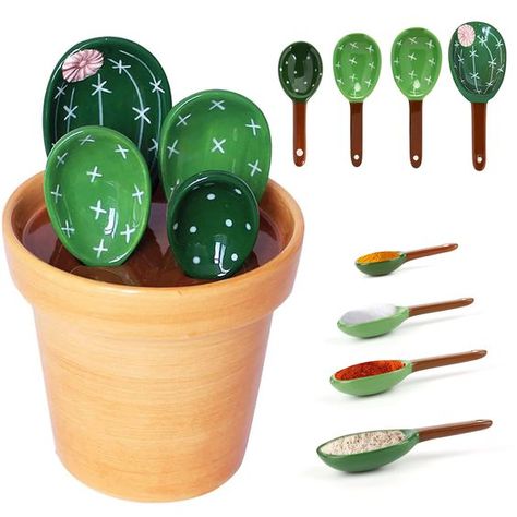 PRICES MAY VARY. Cactus Measuring Spoons Set：4 x Measuring Spoons + 1 x Holding Base. A set of 5 ceramic measuring spoons in assorted sizes (1 Tablespoon, 1 Teaspoon, 1/2 Teaspoon, 1/4 Teaspoon, and 1 Cup) makes a stylish accompaniment to any counter or baking set. Ceramic Measuring Cups ：These cactus measuring cups and spoons set are made at 1100 degrees high temperature, which is thick, and has no fade when used. Material is ceramic, easy cleaning and wash in the dishwasher you can use the sma Ceramic Measuring Cups, Measuring Cups And Spoons, Baking Set, Ceramic Kitchen, Spoon Set, Kitchen Utensils Gadgets, Measuring Spoons, Measuring Cups, Kitchen Utensils