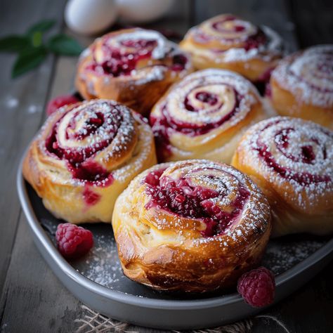 Raspberry Custard Buns, Raspberry Rolls Recipe, Raspberry Buns, Raspberry Custard, Pretty Pastries, Raspberry Bread, Custard Buns, Morning Bun, Sweet Buns